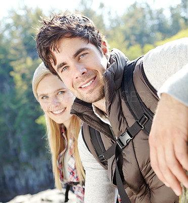 Buy stock photo Date, portrait or happy couple hiking in woods for travel, outdoor adventure or journey in nature. Support, hikers or people in forest together on holiday vacation, fun trip or break to explore park