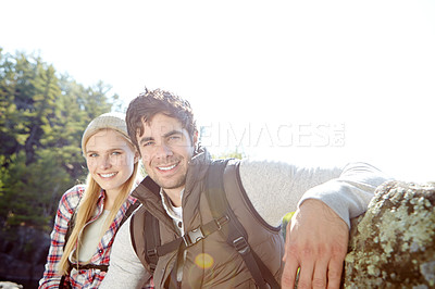 Buy stock photo Honeymoon, portrait or happy couple hiking in woods for love, outdoor adventure or journey in nature. Date, hikers or people in forest together on holiday vacation, fun trip or break to explore park