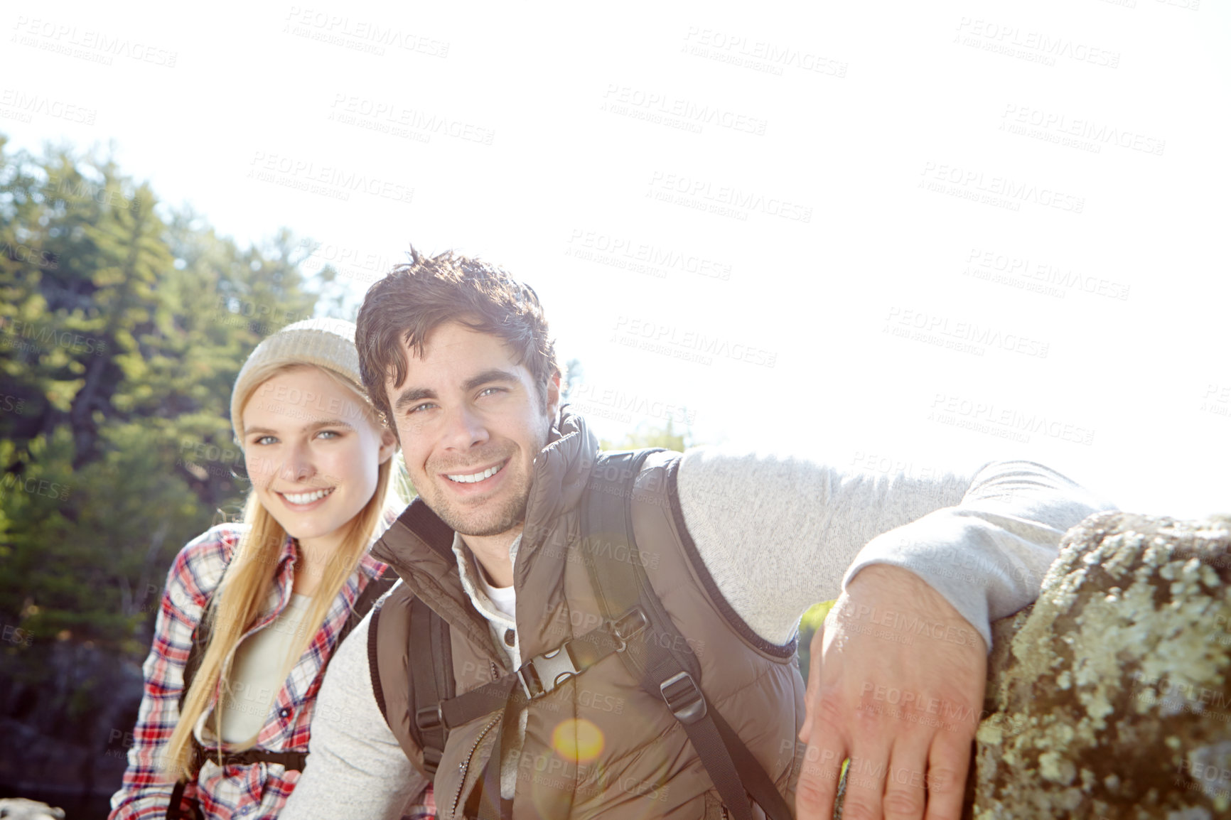 Buy stock photo Honeymoon, portrait or happy couple hiking in woods for love, outdoor adventure or journey in nature. Date, hikers or people in forest together on holiday vacation, fun trip or break to explore park