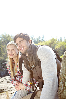 Buy stock photo Mountain, view or happy couple hiking in woods for love or romantic outdoor adventure in nature. Sightseeing, hikers or people in forest together on holiday vacation, trip or break to explore park