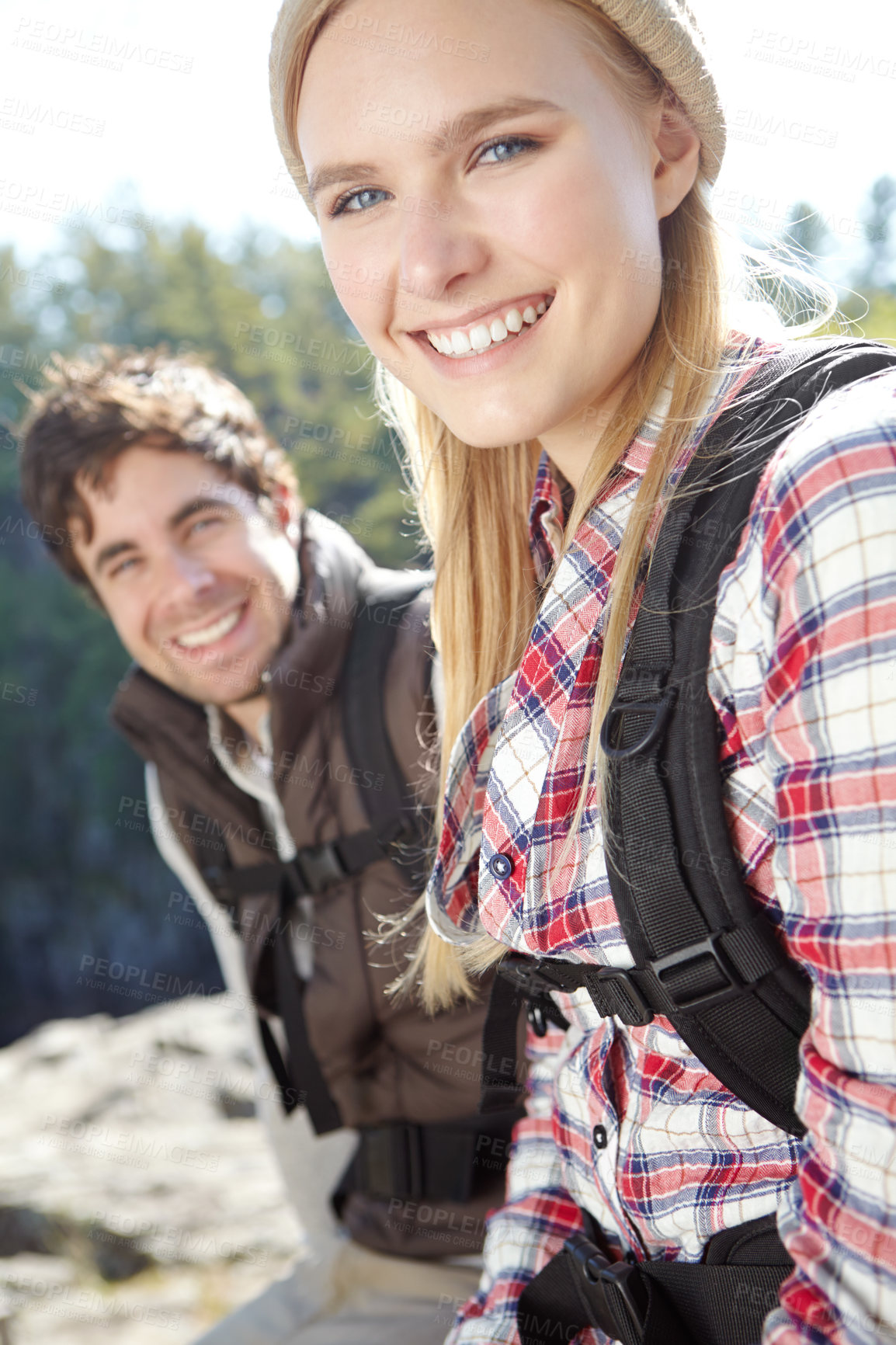 Buy stock photo Laughing portrait or happy couple hiking in woods for travel, outdoor adventure or journey in nature. Smile, hikers or people in forest together on holiday vacation, trip or break to explore park