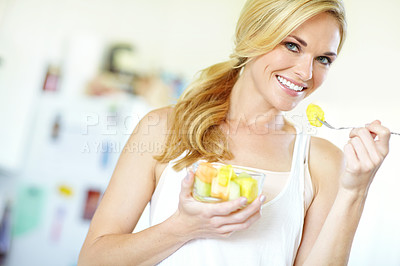 Buy stock photo Woman, portrait and fruit salad in home with smile, healthy breakfast and minerals for vitamins. Morning, Australia and happy female person with organic food for wellness, benefits and diet nutrition