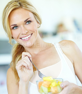 Buy stock photo Woman thinking, happy and fruit salad in kitchen with ideas, healthy breakfast or minerals for vitamins. Home, Australia and female person eating organic food for wellness, benefits or diet nutrition