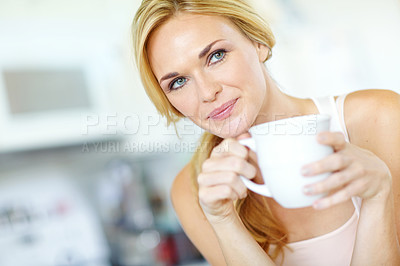 Buy stock photo House, thinking and woman with coffee, smile and ideas with break, morning or wonder in lounge. Happy person, apartment or girl with herbal tea, inspiration or thoughts with contemplation or espresso