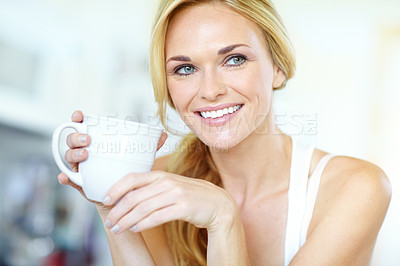 Buy stock photo Woman, coffee and relax morning in home with thinking and idea for day plan in kitchen with hot drink. Wellness, calm and health tea with smile and happy from weekend break at beach house with mug