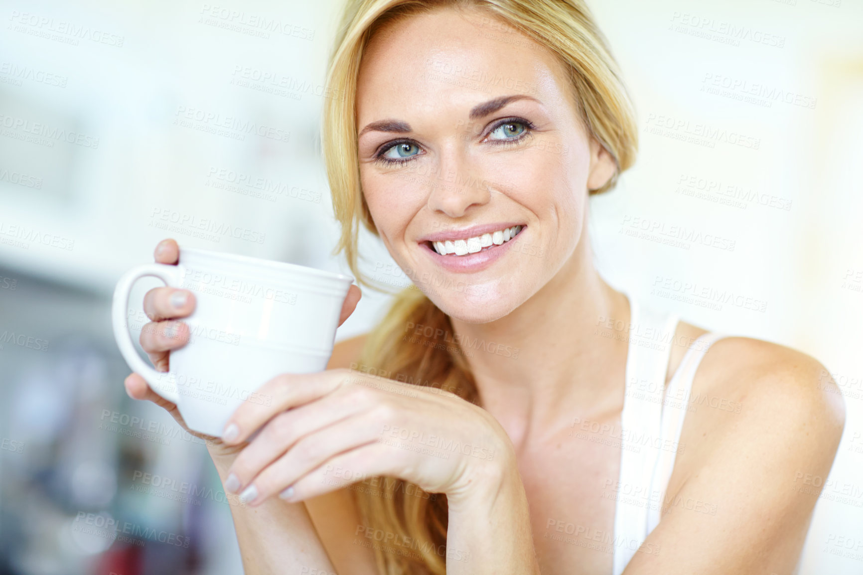 Buy stock photo Woman, coffee and relax morning in home with thinking and idea for day plan in kitchen with hot drink. Wellness, calm and health tea with smile and happy from weekend break at beach house with mug