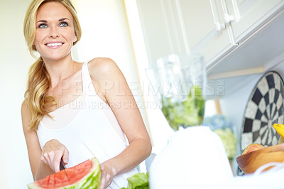 Buy stock photo Watermelon, blender and woman in kitchen with smile, breakfast energy or food for gut health. Drink, nutrition and girl in home with fruit, smoothie and diet for digestion, weight loss or juice detox