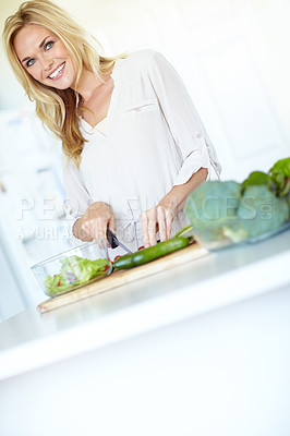 Buy stock photo Vegetables, portrait and woman at kitchen counter with smile, lunch or food for gut health, digestion or weight loss. Salad, nutrition or girl in home with cooking, meal or diet with chopping in USA