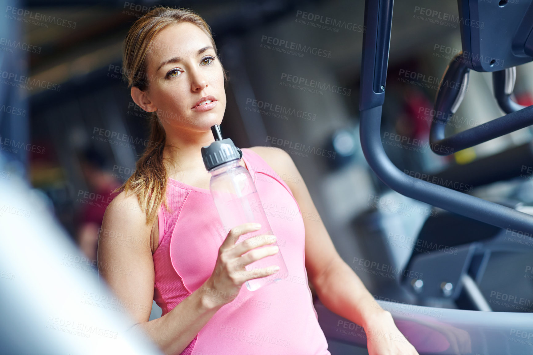 Buy stock photo Gym, woman and thinking for fitness with water, liquid beverage and hydration for workout break. Training club, female person and thoughts with bottle for mineral H2O, thirst and wellness in session