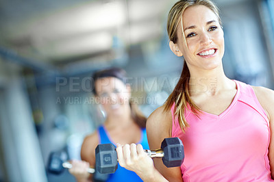 Buy stock photo Weights, dumbbells and happy woman in gym for workout, bodybuilder training and exercise. Fitness, sports and person with weightlifting equipment for strength, muscles and wellness for strong arms