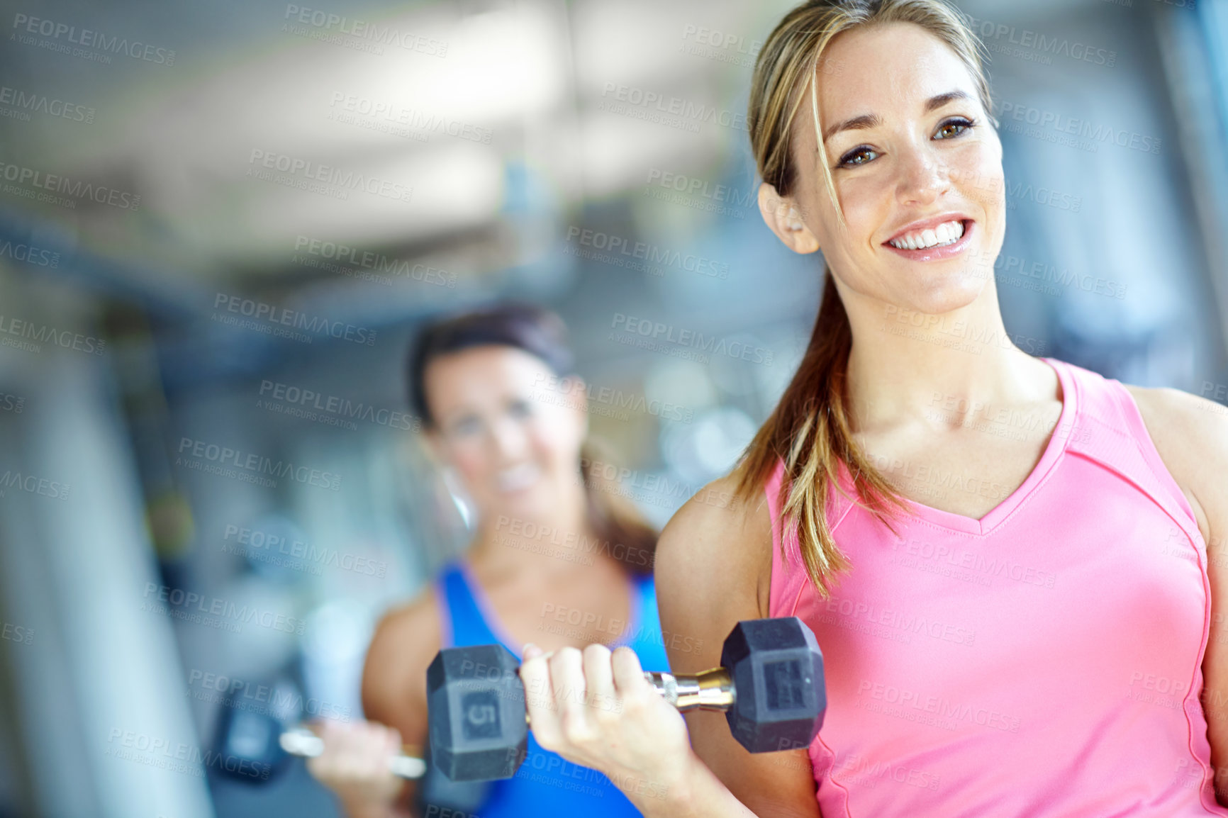 Buy stock photo Weights, dumbbells and happy woman in gym for workout, bodybuilder training and exercise. Fitness, sports and person with weightlifting equipment for strength, muscles and wellness for strong arms