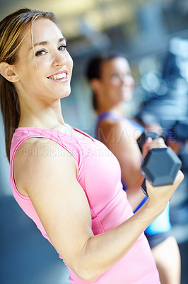 Buy stock photo Weights, happy and woman in gym for workout, bodybuilder training and exercise for health. Fitness, sports and  person with weightlifting equipment for strength, muscles and wellness for strong arms