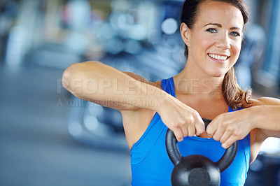 Buy stock photo Portrait, kettlebell and fitness with woman in gym for exercise, club or power. Weightlifting, weights or sports athlete with person training and muscle for energy, wellness and workout performance