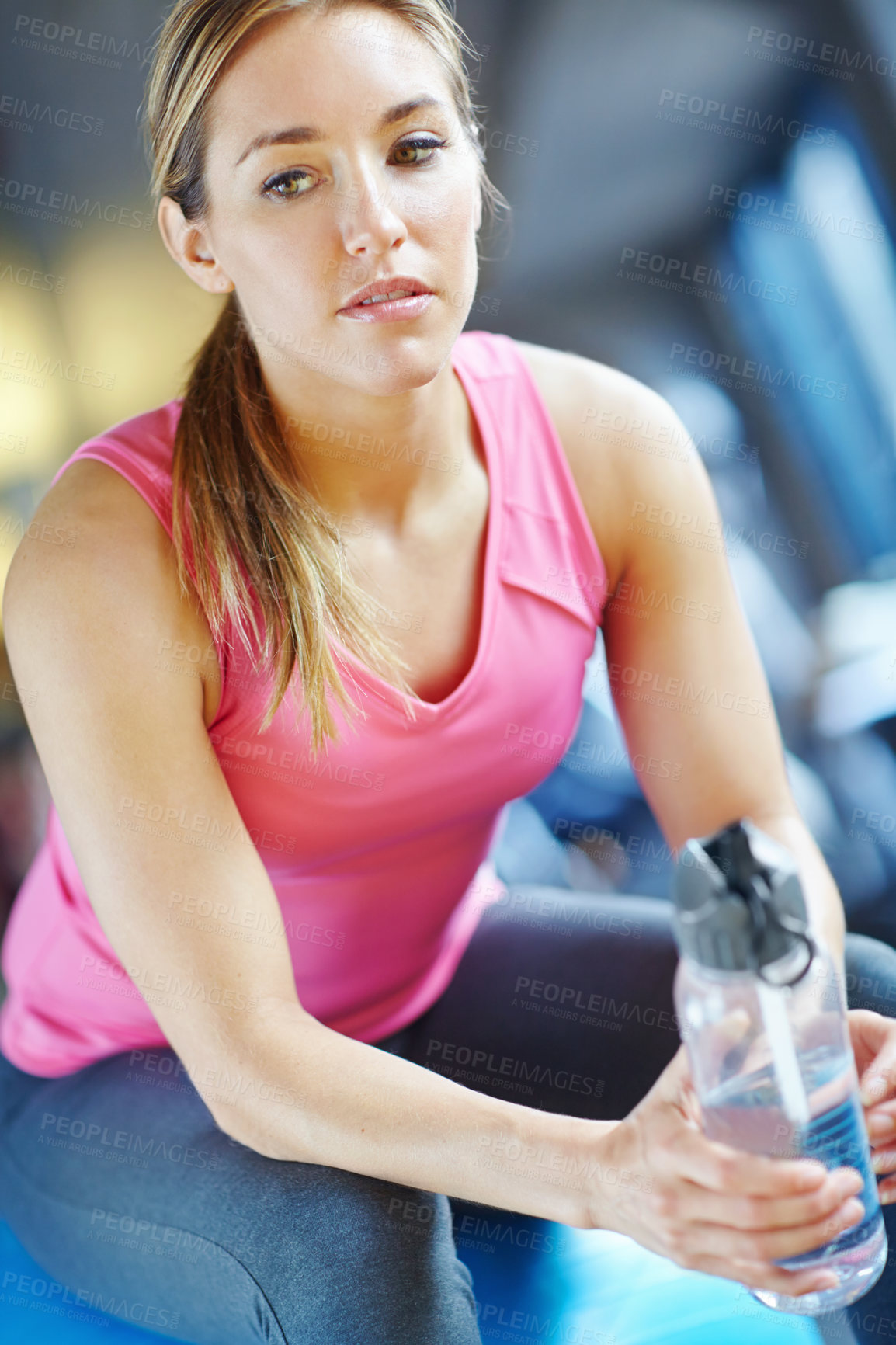 Buy stock photo Gym, woman thinking and ball for fitness with water, liquid beverage and hydration for workout break. Training, female person and thoughts with bottle for mineral H2O, thirst or exercise for wellness