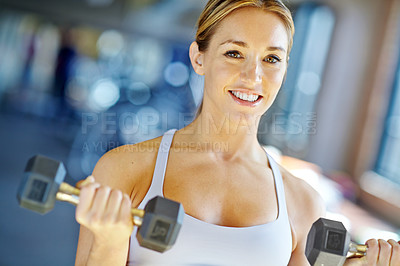 Buy stock photo Health, training and dumbbell with woman in gym for  muscle workout, performance and fitness. Weightlifting, strong and sports athlete with person and exercise for energy, wellness and weights