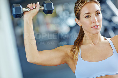 Buy stock photo Dumbbell, training and weights with woman in gym for muscle  workout, performance and fitness. Weightlifting, strong and sports athlete with person and exercise for energy, wellness and health