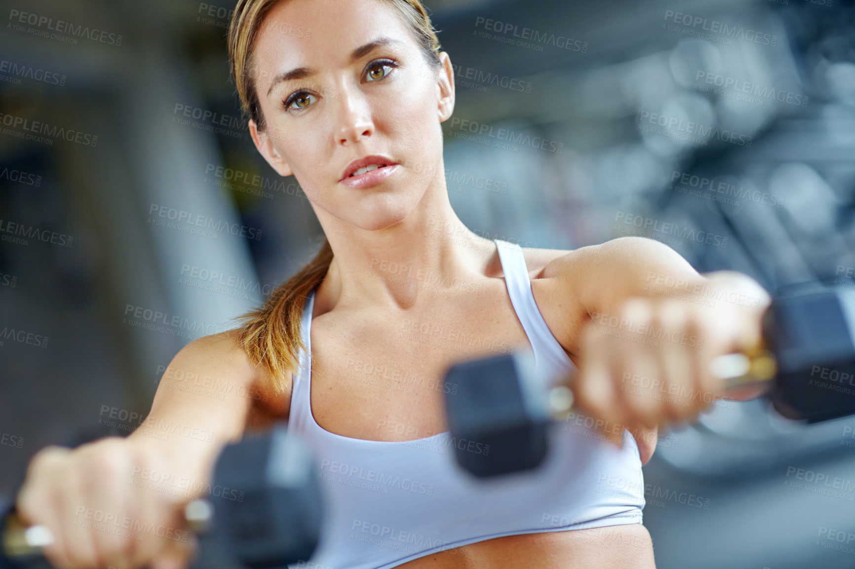 Buy stock photo Dumbbell, exercise and weightlifting with woman in gym for workout, performance and fitness. Weights, strong and sports athlete with person training and muscle for energy, wellness and health