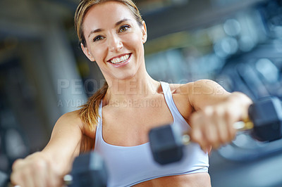 Buy stock photo Strong, exercise and weightlifting with woman in gym for workout, performance and fitness. Weights, dumbbell and sports athlete with person training and muscle for energy, wellness and health