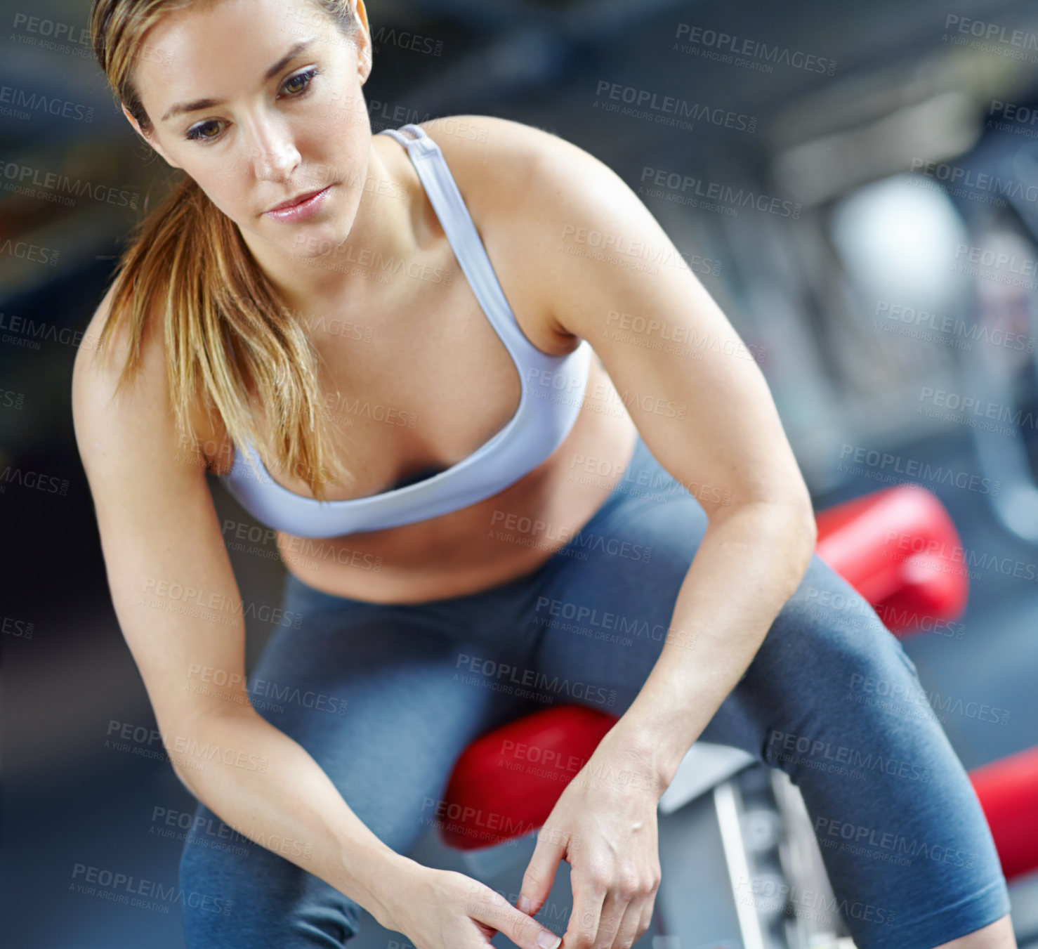 Buy stock photo Woman, thinking and recovery break in gym, burnout and tired athlete for resting on machine. Female person, fitness and contemplating exercise or training, exhausted and ponder weight loss or fatigue