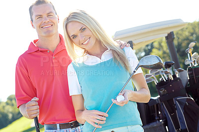 Buy stock photo Golf course, portrait and happy couple in nature for sport, game and fitness with club equipment. Golfers, man and woman outdoor for exercise, hobby and practice for competition together with driver