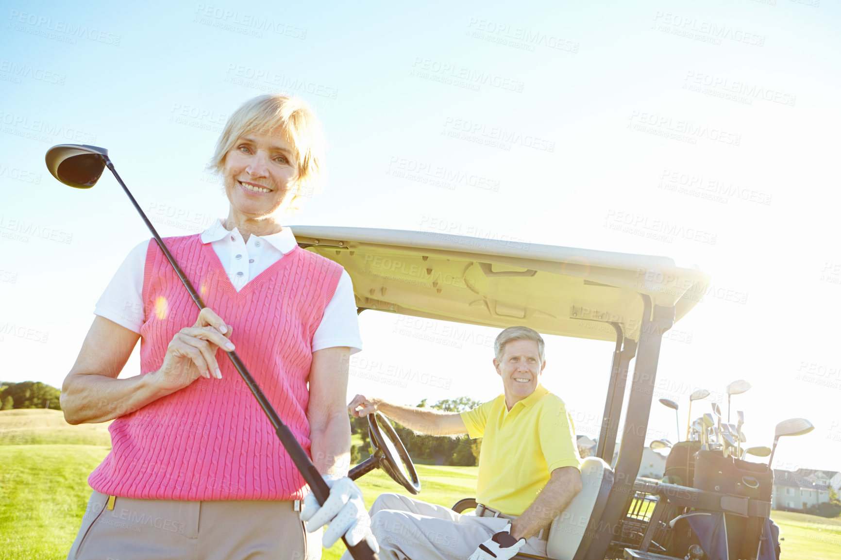 Buy stock photo Golf, game and portrait of mature woman with smile, club or outdoor fun for fitness course on weekend morning. Confidence, exercise and happy couple on green for sports challenge, health and wellness