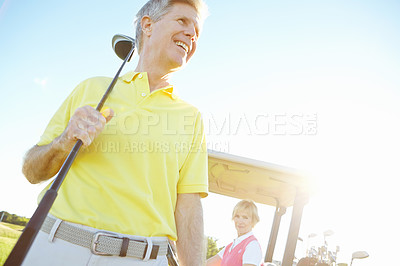 Buy stock photo Sports, golf and happy mature man with club for game, match and competition on golfing course. Retirement, senior couple and person in morning with smile outdoors for training, fun and practice