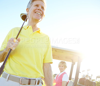 Buy stock photo Sports, golf and mature man with club for game, match and competition on golfing course. Retirement hobby, senior couple and person in morning with smile outdoors for training, fun and practice