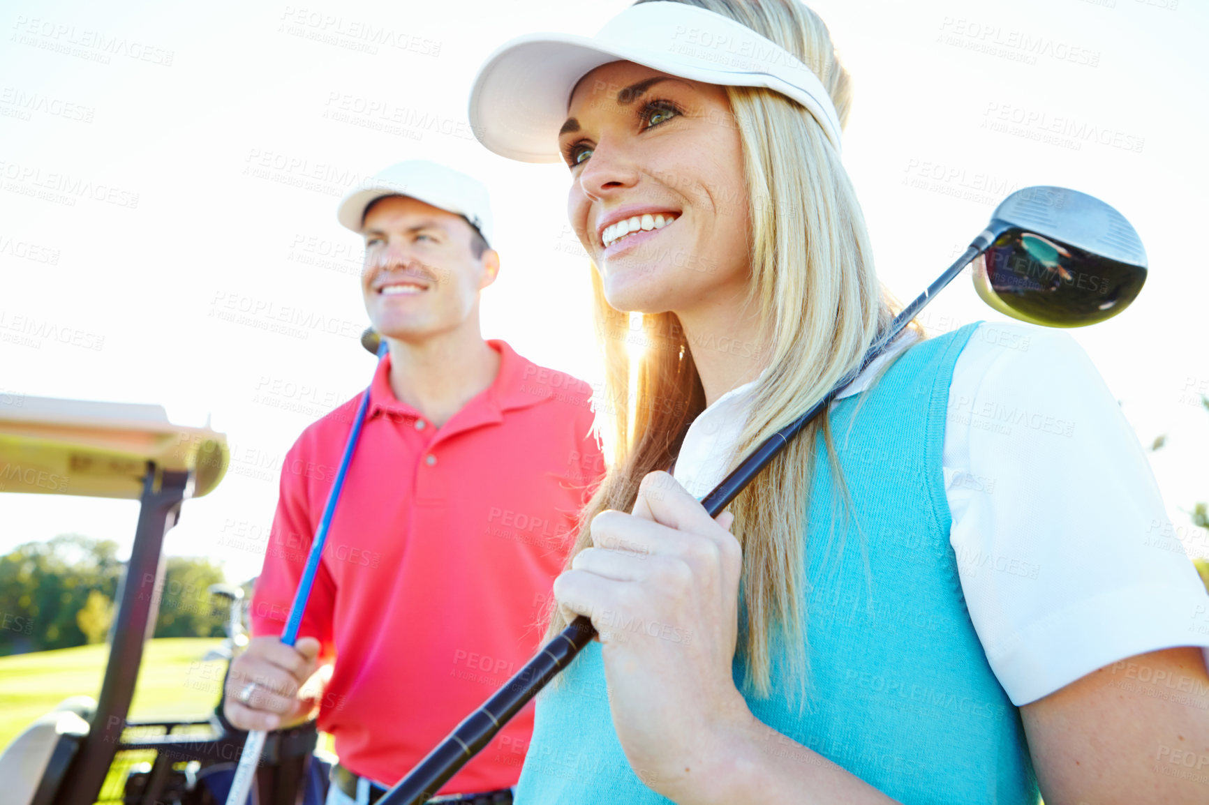 Buy stock photo Golf, woman and happy couple with club outdoor for sport, game or thinking with wood driver. Golfers course, man and partner smile in nature for exercise, training or competition practice for fitness