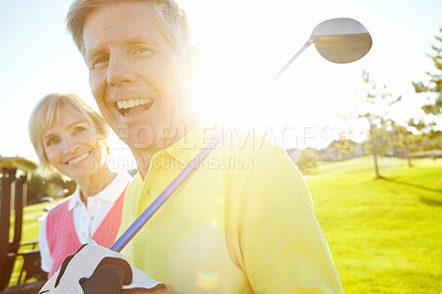 Buy stock photo Portrait, happy and senior couple with club at golf course for outdoor practice, training and bonding. Woman, man and smile with equipment at field for weekend exercise, sports and hobby together