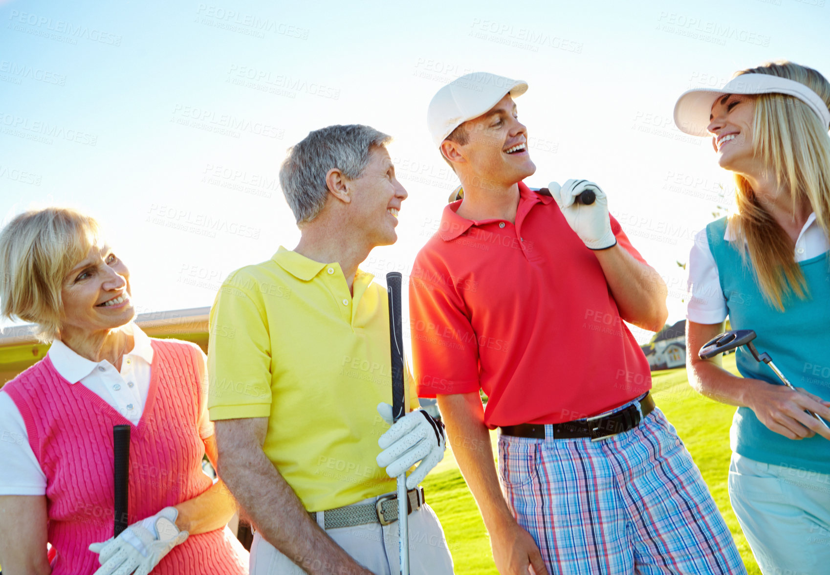 Buy stock photo Golf course, group and happy couple of friends outdoor for sport and game discussion with clubs. Golfers, team and people in nature for exercise, hobby and conversation to compare competition score