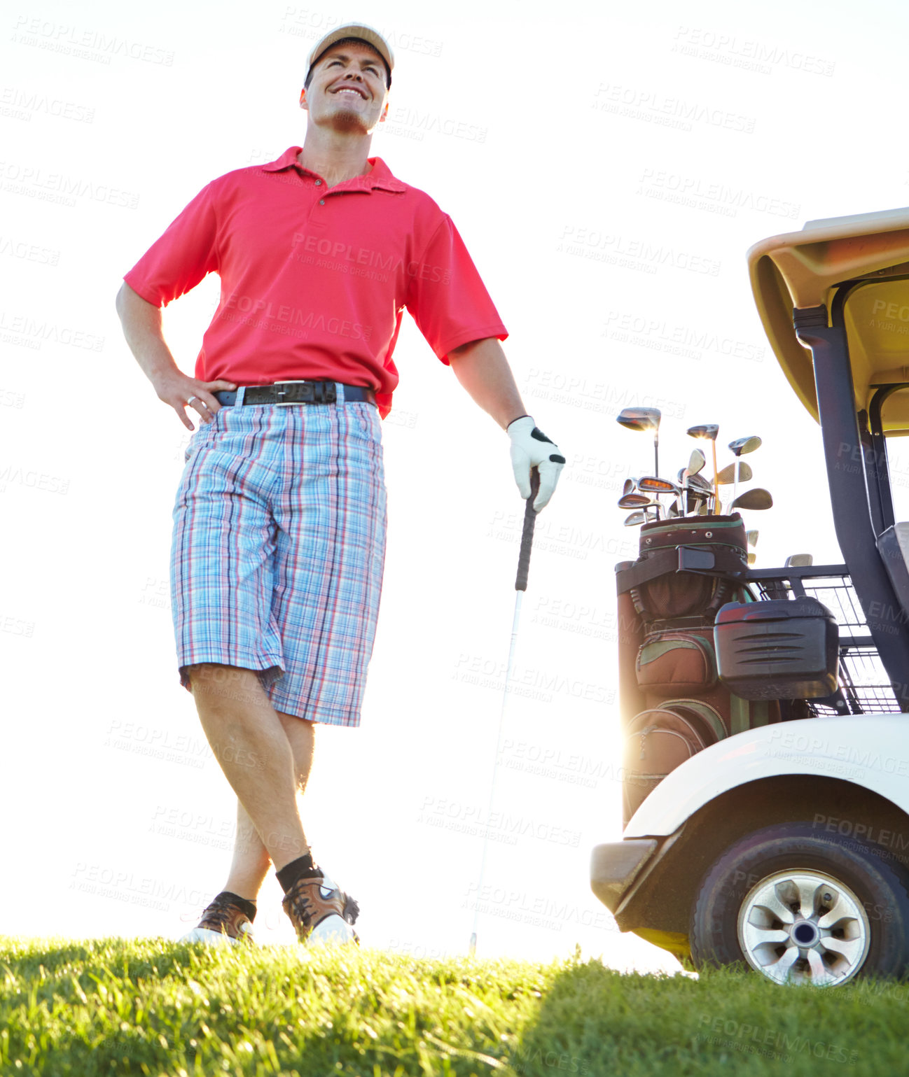 Buy stock photo Sports, golf and man with confidence for winning game, match or competition on course. Happy athlete, excited and low angle of person with driver on grass for training, fitness or practice in morning