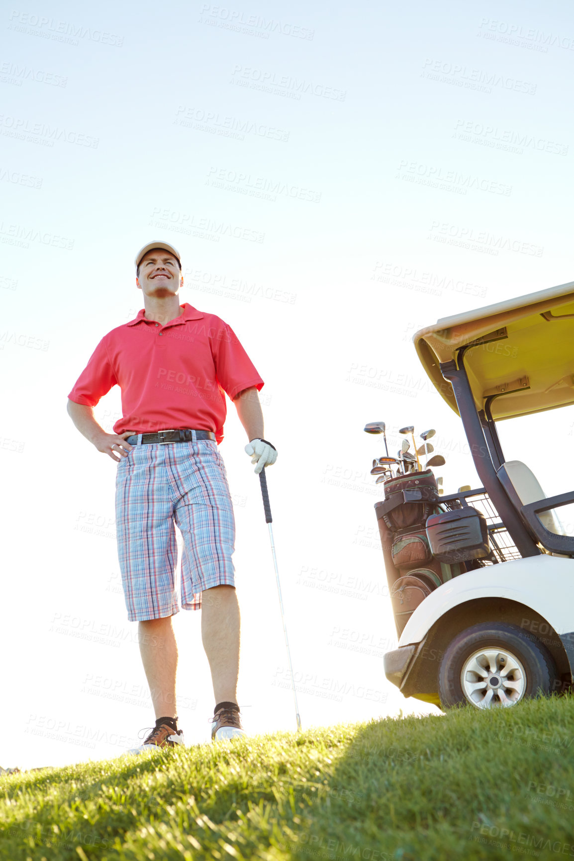 Buy stock photo Sports, golf and man with smile for winning in game, match and competition on golfing course. Happy athlete, excited and person with driver on grass for training, fitness and practice in morning