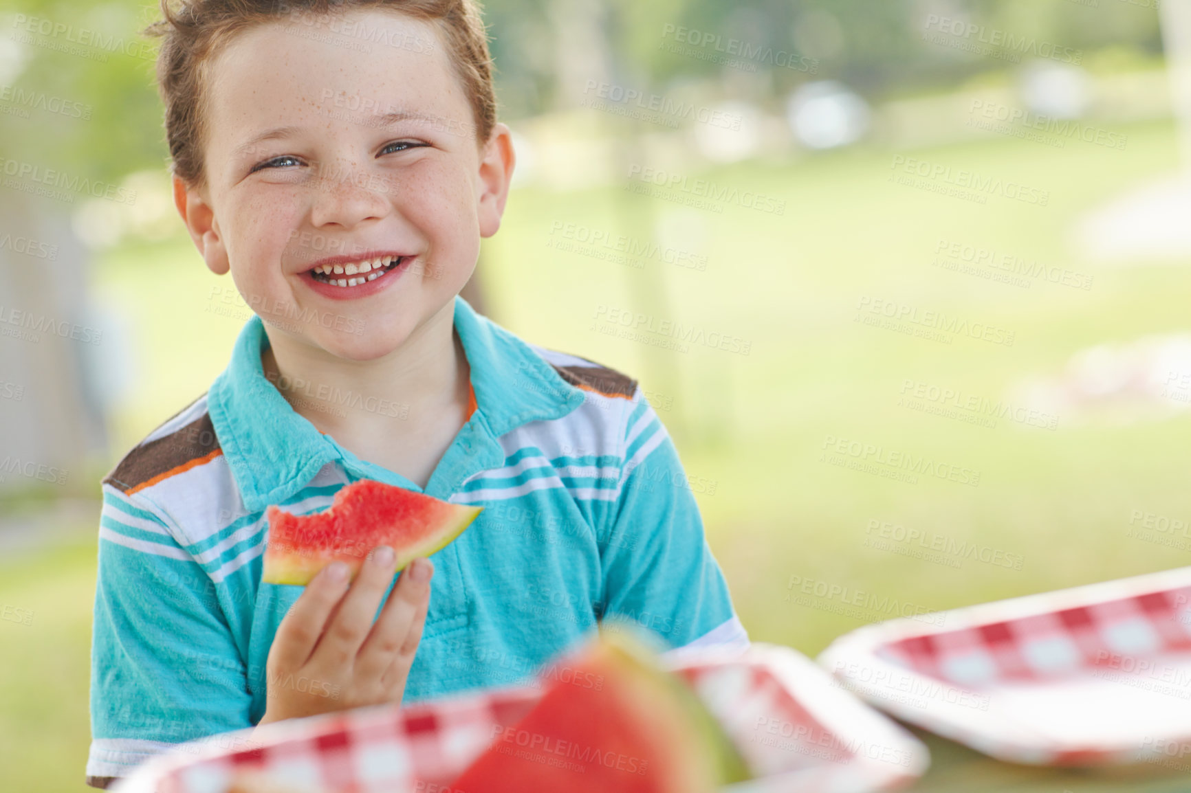 Buy stock photo Portrait, boy and kid in park, watermelon and smile with happiness, nutrition and wellness. Face, outdoor and childhood with organic fruit, holiday and eating with joy, juicy and tasty on vacation