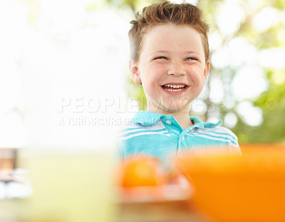 Buy stock photo Picnic, funny and boy with smile, park and happiness with weekend break, sunshine and laughing. Outdoor, kid and childhood with humor, joyful and joke with holiday, vacation and cheerful with nature