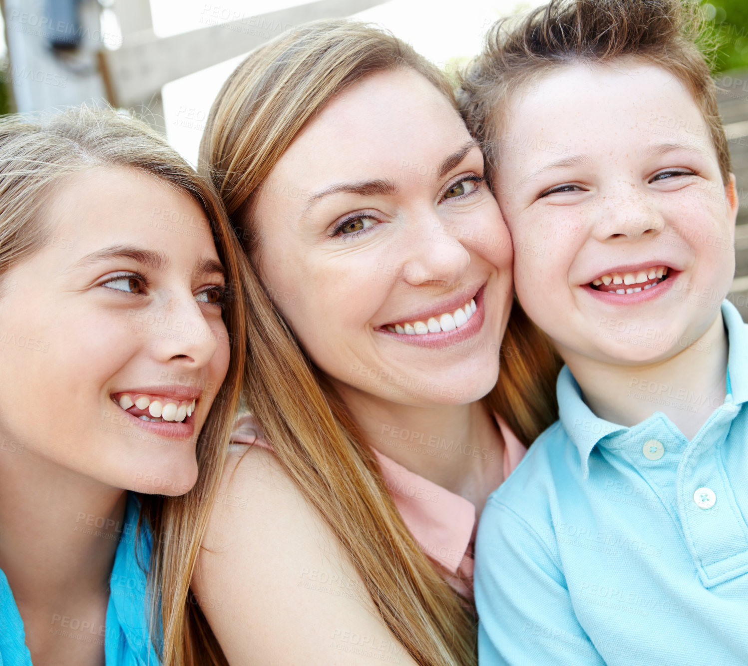 Buy stock photo Portrait, park and mama with kids, hug and bonding together with love, funny and adventure. Face, family and mother with children, embrace and outdoor with humor, laughing and vacation with break