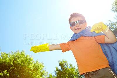 Buy stock photo Portrait, sky and superhero with boy in garden for child development, games or growth in summer. Fantasy, smile and sunglasses with happy kid in cape costume outdoor for crime fighting or defend