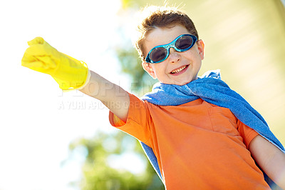 Buy stock photo Boy, freedom and superhero portrait outdoor with fantasy game, play and pretend character with smile. Kid, happy person and action fist with imagination for child development, adventure and halloween