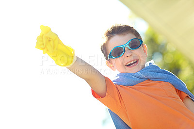 Buy stock photo Boy, freedom and superhero with flying outdoor for fantasy game, play or pretend character with portrait. Kid, mockup person and action fist imagination for child development, adventure and halloween