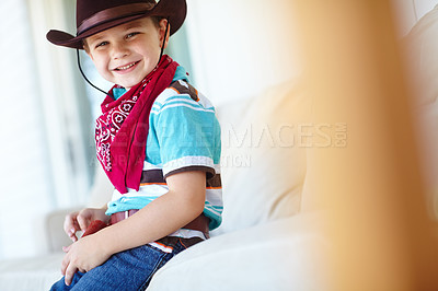 Buy stock photo Home, cowboy or child in portrait with character, childhood and dress up for halloween concert. House, happy kid and fantasy theme with vintage fashion for role development, cosplay or pride in Texas