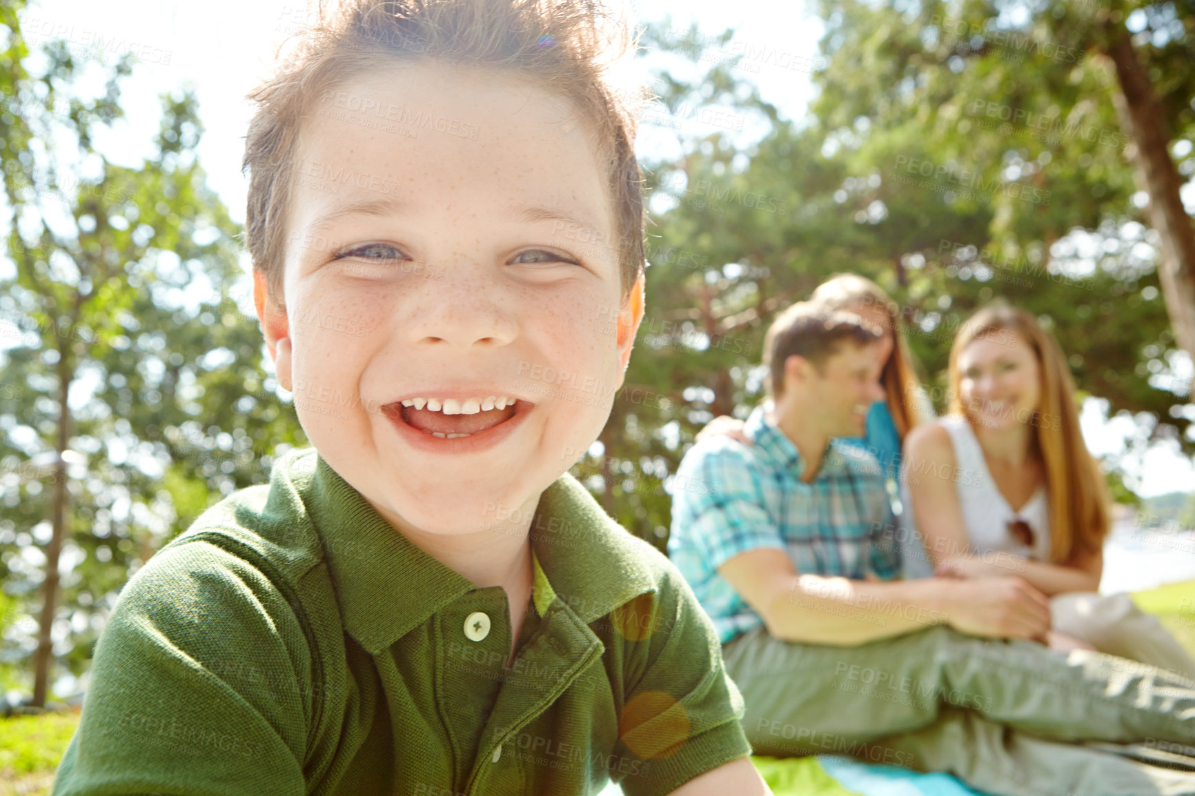 Buy stock photo Portrait, happy child and family in summer on weekend, holiday or vacation in backyard or garden. People, bonding and outdoor with parents, joy and smile as playful for fun, love and support in Italy