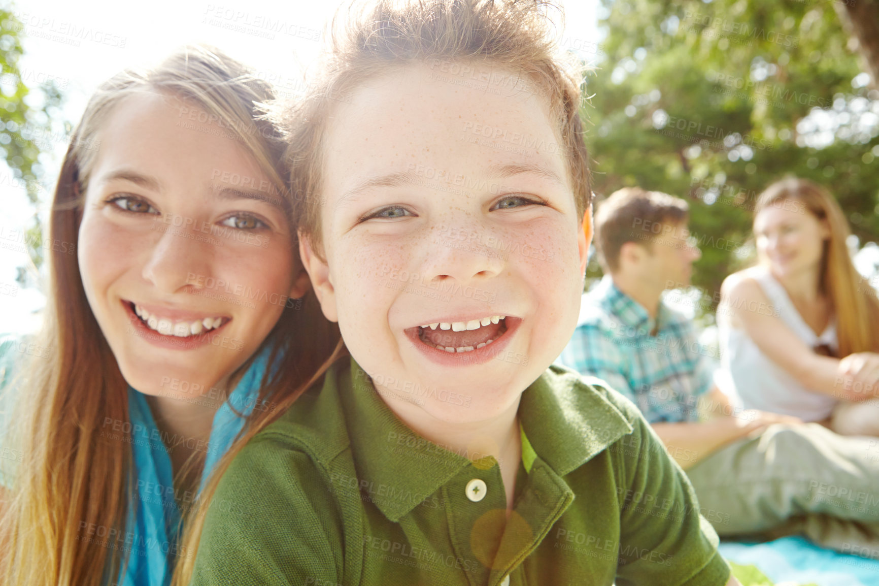 Buy stock photo Siblings, kids and happy at park for picnic on portrait for bonding, trust and support in France. Family, girl and boy with smile or excited in garden on break to relax, love and child development