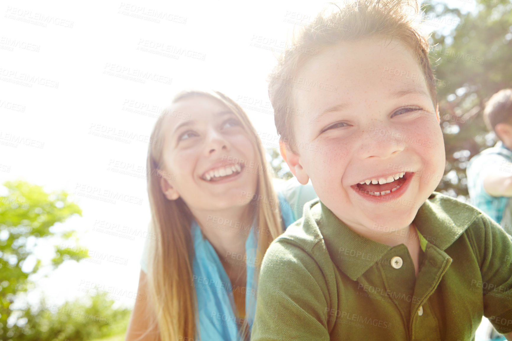 Buy stock photo Portrait, happy people and siblings in summer on weekend, holiday or vacation in backyard or garden. Bonding, children and together as family with joy, smile and play for fun, love and support in USA