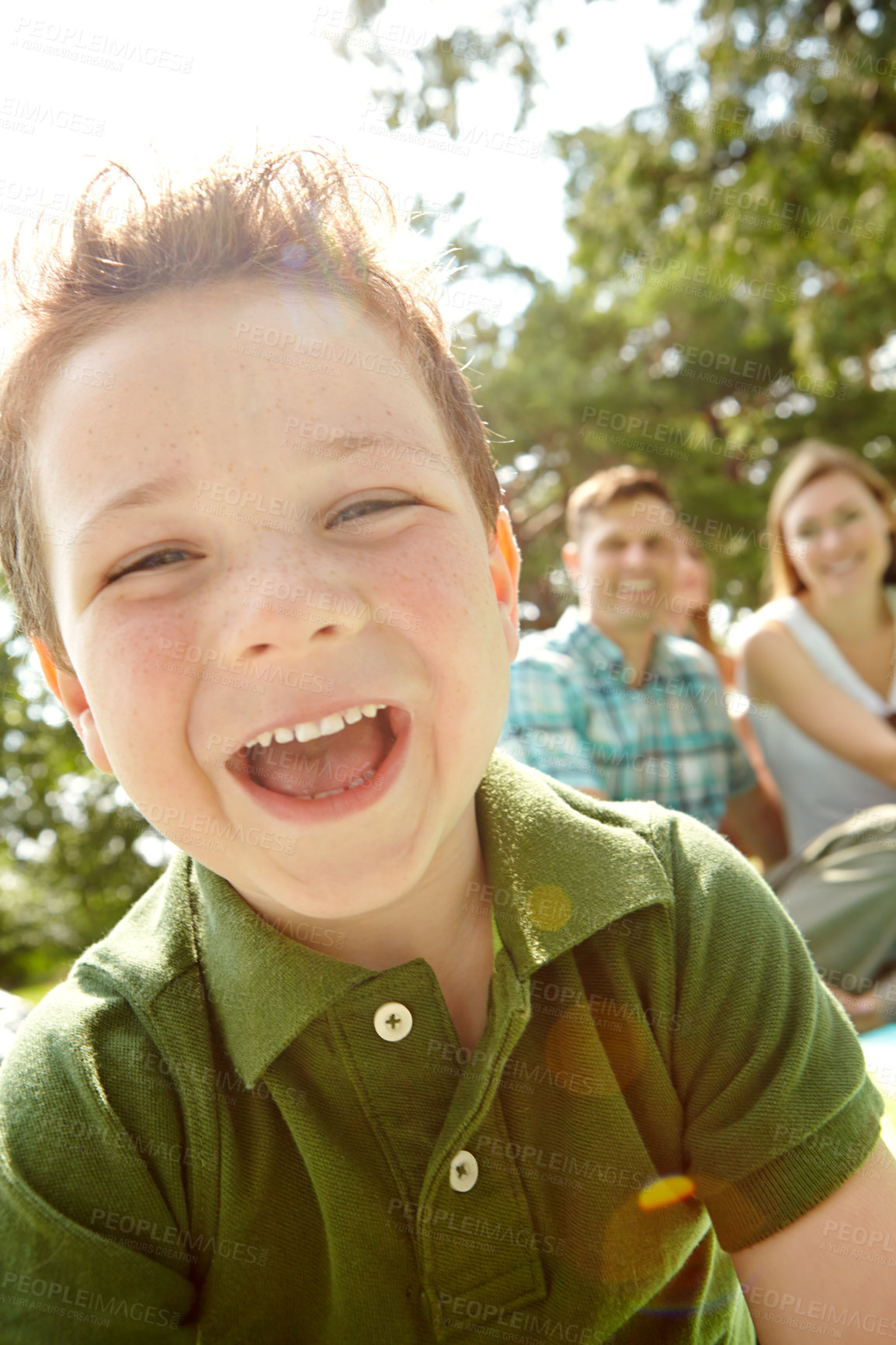Buy stock photo Selfie, funny and boy with parents, outdoor and smile with happiness, memory and bonding together. Portrait, childhood and kid with adventure, cheerful and weekend break, humor and laughing in park