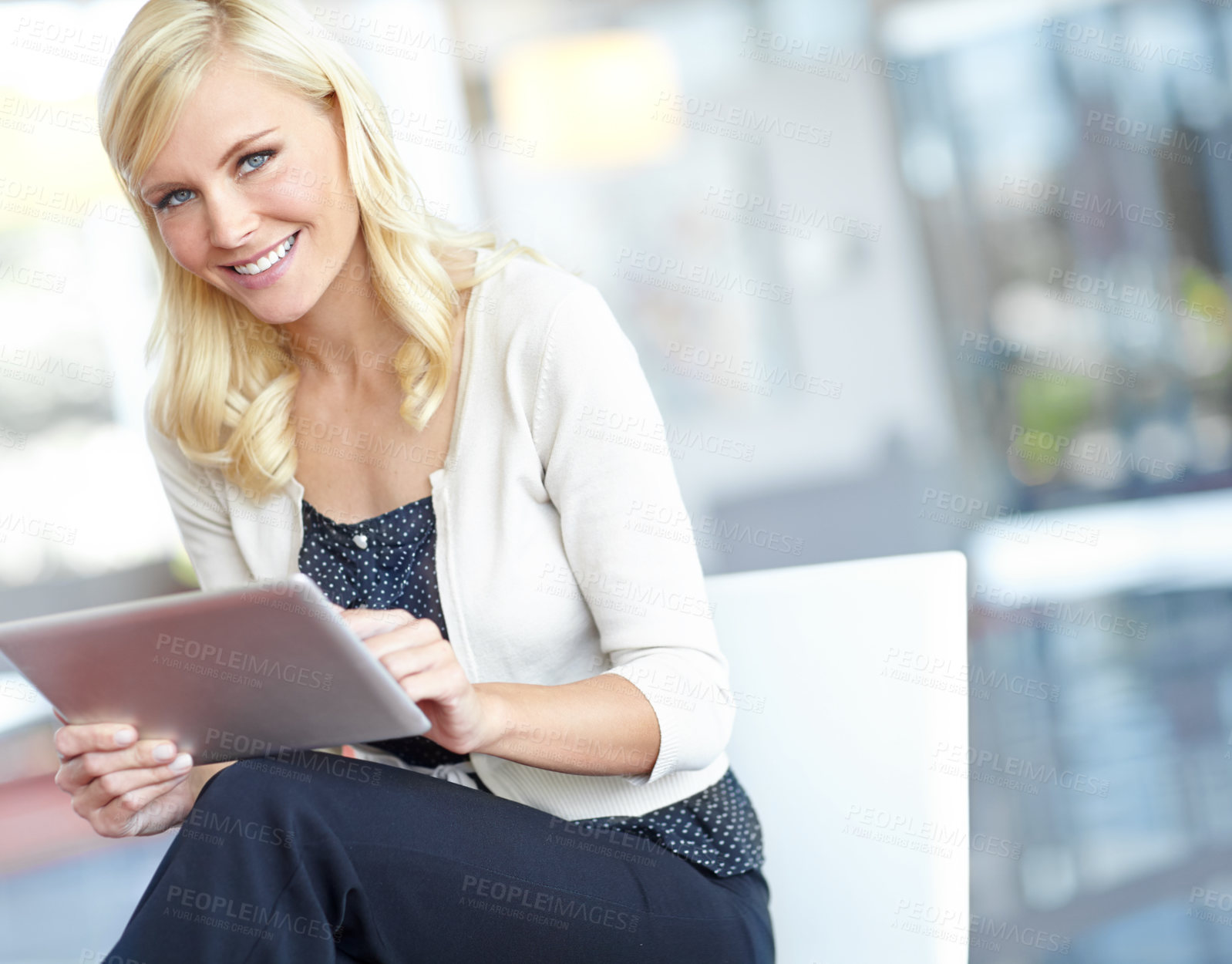 Buy stock photo Woman, happy and tablet in office for portrait, contact and positive feedback for company. Tech, intern and smile in lobby for job opportunity, communication and excited with blog post for update