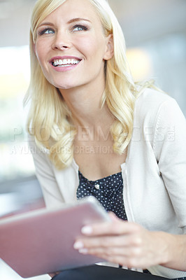 Buy stock photo Close up shot of a smiling business woman holding her digital tablet 