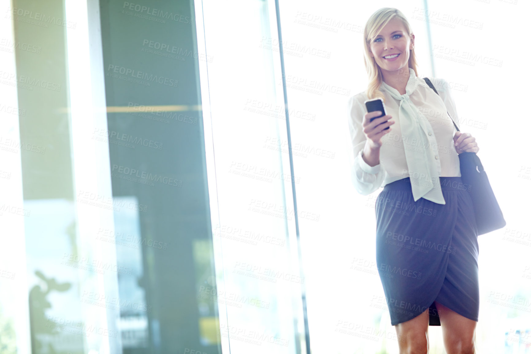 Buy stock photo Office, portrait and businesswoman with smartphone for message, feedback and notification from contact. Workplace, female person or consultant with cellphone for chat, scroll online and communication