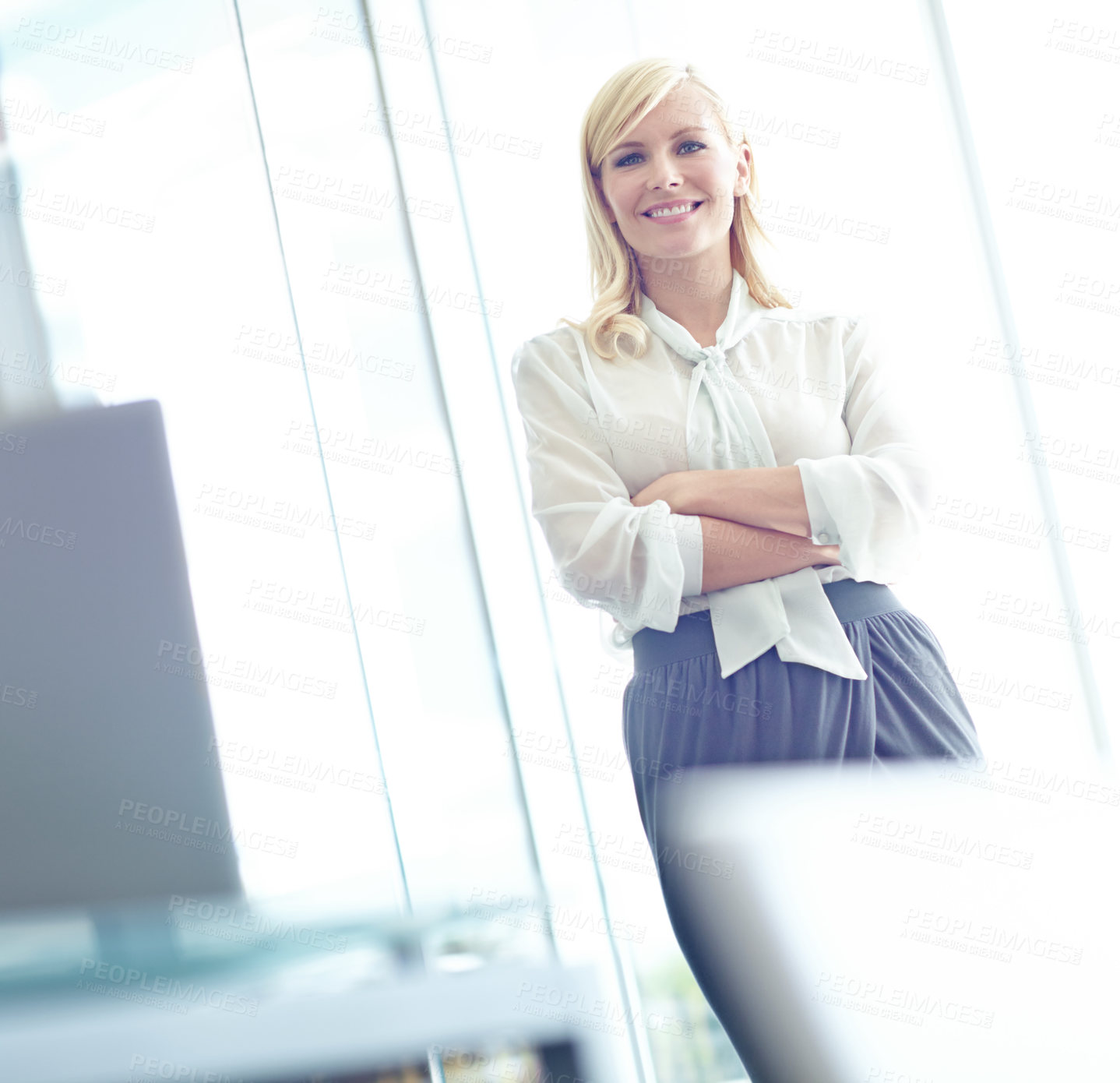 Buy stock photo Crossed arms, smile and portrait of businesswoman in office with pride for creative career. Happy, startup and professional female interior designer with confidence and positive attitude for company.