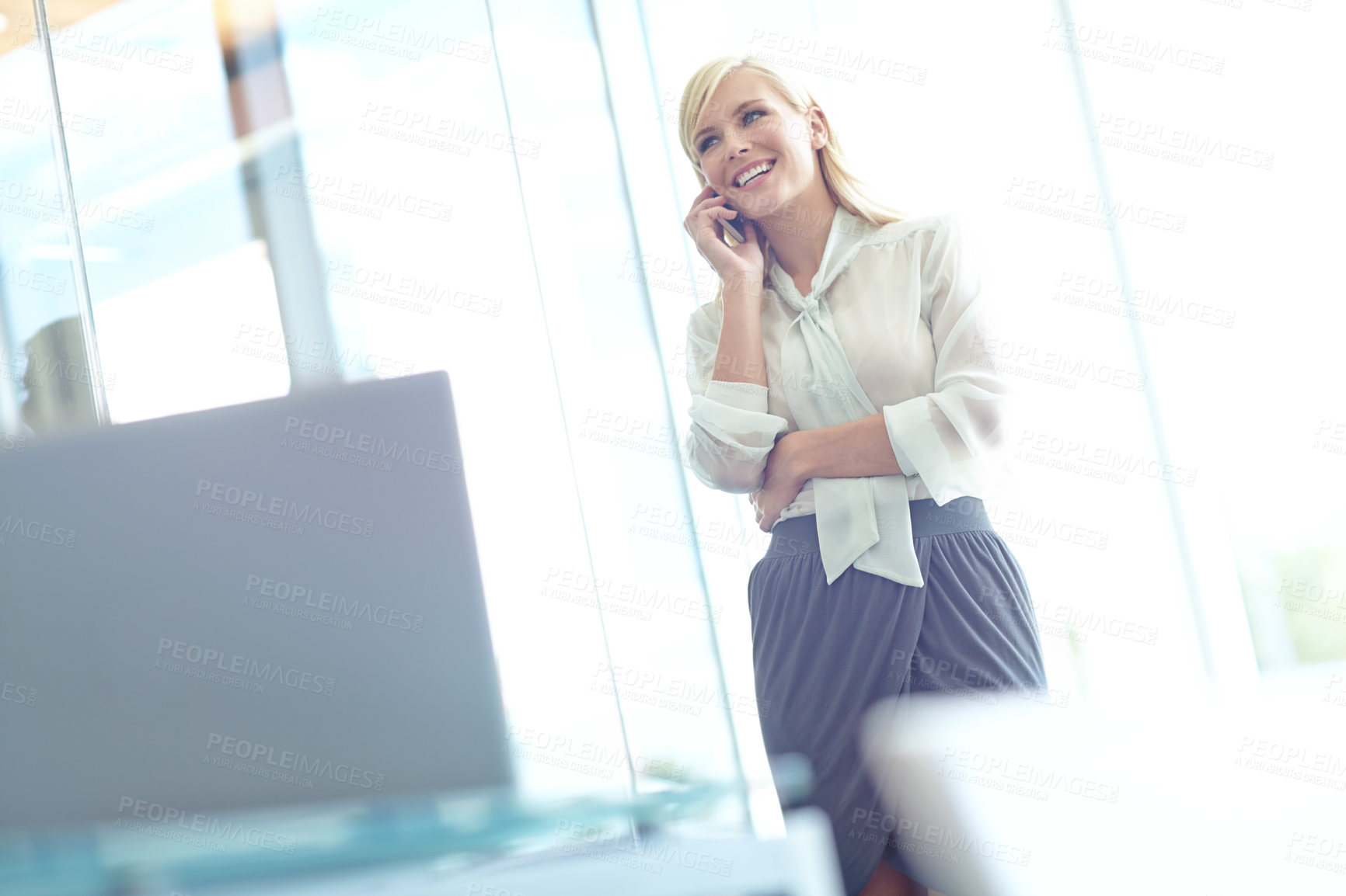 Buy stock photo Office, thinking and businesswoman with smile for phone call, discussion and networking with client. Career, female person and consultant with mobile for communication, ideas and listening to contact