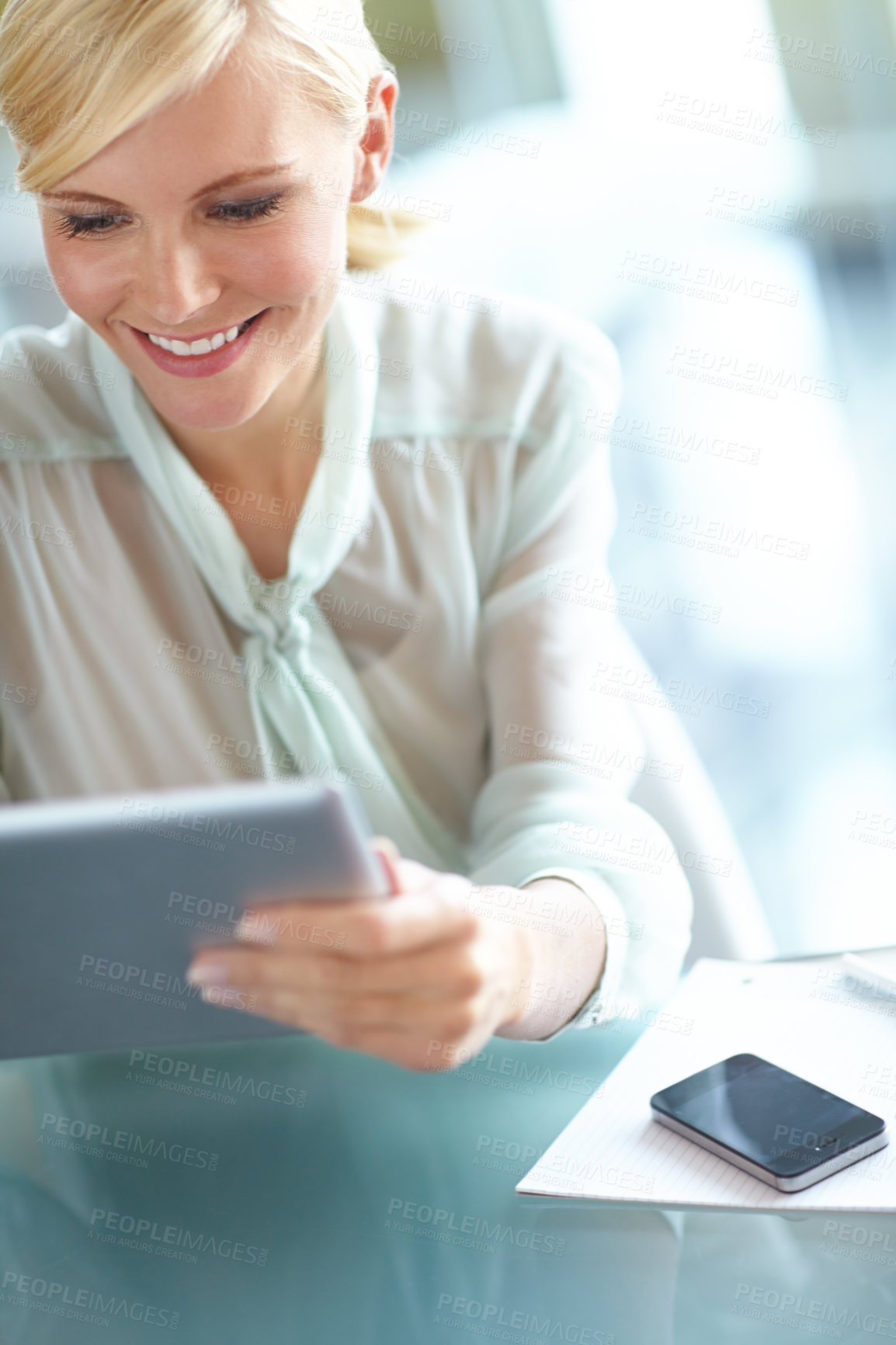 Buy stock photo Business, woman and smile with tablet in office for stock market, research and reading forecast report. Financial, broker and happy with technology for finance news, prediction and share price update