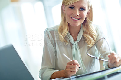 Buy stock photo Portrait, smile and writing with business woman at desk in office for administration or planning. Laptop, notebook and research with happy employee in professional workplace for agenda or schedule